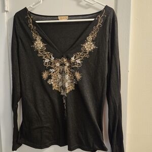 Vintage Janette Plus Elegant Black and Gold Embellished Top Size L